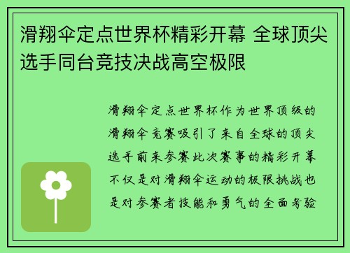 滑翔伞定点世界杯精彩开幕 全球顶尖选手同台竞技决战高空极限